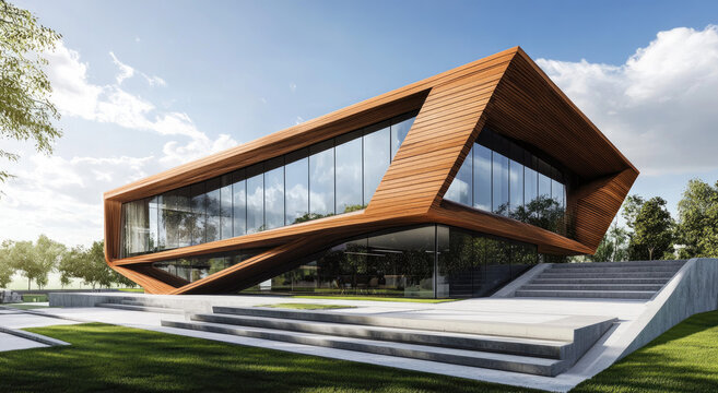 A modern house with wooden cladding and glass windows. The building has an angular shape with sharp edges and is surrounded by green grass.