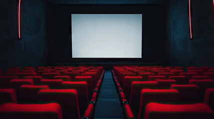 Fototapeta premium Rows of empty red seats in a darkened cinema hall, leading up to a large blank screen, creating a quiet and serene ambiance.