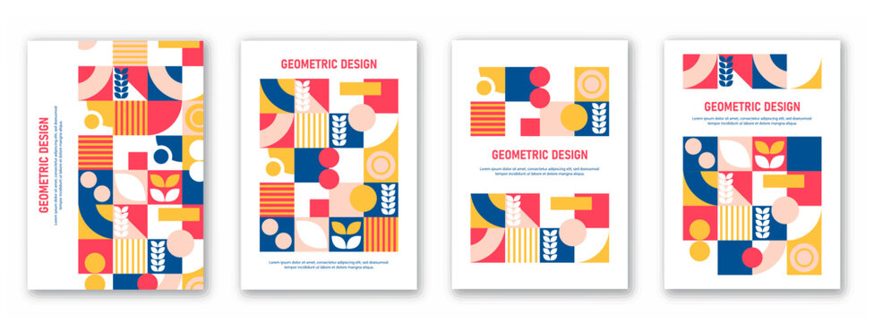 Set of geometric posters. Contemporary art. Abstract geommetric figures. Brochure, flyer and booklet. Mosaic template for covers. Flat vector collection