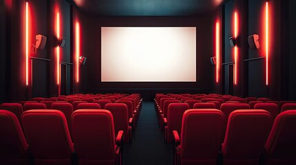 Rows of unoccupied red theater seats in a cinema hall, with a large blank screen illuminated softly by the overhead lights.