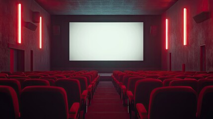 Rows of unoccupied red theater seats in a cinema hall, with a large blank screen illuminated softly by the overhead lights.