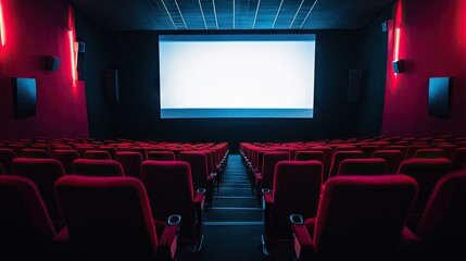 Fototapeta premium Rows of unoccupied red theater seats in a cinema hall, with a large blank screen illuminated softly by the overhead lights.