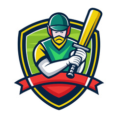 Cricket Player Emblem:  A bold and dynamic illustration of a cricket player, ready to take on the pitch,  embodied in a shield with a red ribbon, symbolizing strength,  sportsmanship.