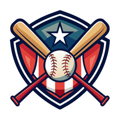 Baseball Emblem: A vibrant and patriotic baseball emblem featuring a white star on a red, white, and blue shield, two crossed bats, and a baseball in the center.