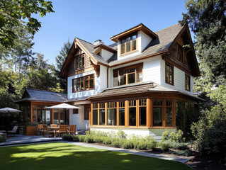 Obraz premium A beautiful white house with an expansive backyard, a perfectly manicured lawn, and a large patio area