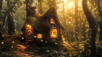 Small magical gnome or elf house nestled in the forest amongst the trees. Magical Forest. Illustration