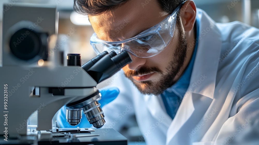 Poster a scientist examining a sample through a microscope in a laboratory.