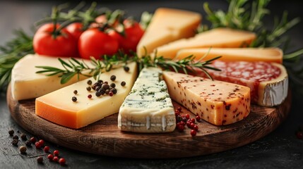 Gourmet Cheese Plate, Variety of Cheeses with Herbs, Spices and Tomatoes on a Wooden Board