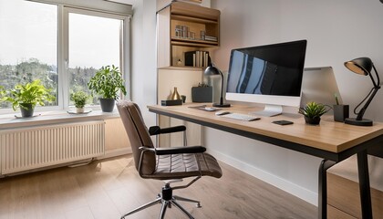 Minimalist home office setup with ergonomic furniture and clutter-free workspace