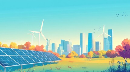 Obraz premium Wind turbines and solar panels in the foreground, with a modern city skyline against a clear blue sky, representing clean energy for smart cities.