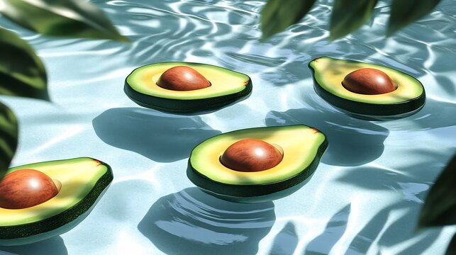 Avocados floating gently crystalclear pool luxury beach resort tropical plants brightcolored fitness gear softly visible behind promoting fresh serene vacation vibe Scientific name Persea americana