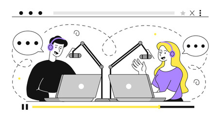 People record interview. Man and woman with laptops and microphones. Recording podcasts and broadcasts. Streamer and journalist. Linear vector illustration
