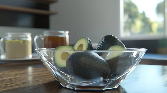 Avocados resting geometric glass bowl chic breakfast table with herbal teas and chia pudding softly glowing behind promoting a balanced and nutritious start to the day Scientific name Persea americana