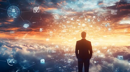 Fototapeta premium Digital marketing, Global business, IoT Internet of Things, business strategy concept. Businessman touching on global network with technology icons. 