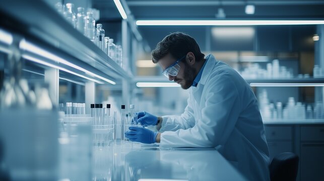 A focused scientist in a lab, wearing protective gear, meticulously examines laboratory equipment and samples under bright lighting.