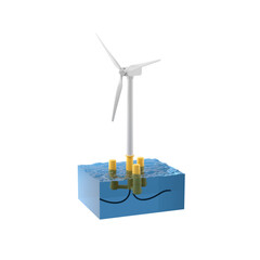 Offshore wind power. Technical illustration of a windmill at sea. 3D Render.