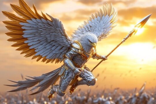 A majestic eagle warrior with silver armor and golden wings, wielding a shining spear, soaring above a battlefield at sunrise