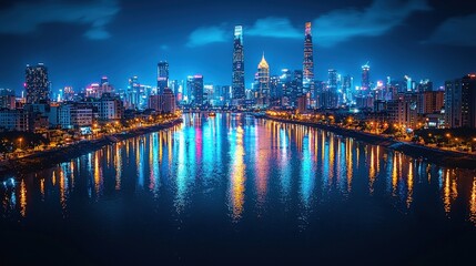 Fototapeta premium Night Cityscape with Skyscrapers Reflecting in Water
