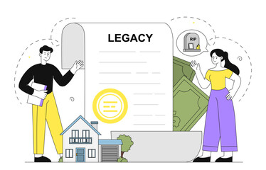 People with legacy. Man and woman near contract and agreement. Widow with last will document. Daughter gets money and real estate. Linear vector illustration
