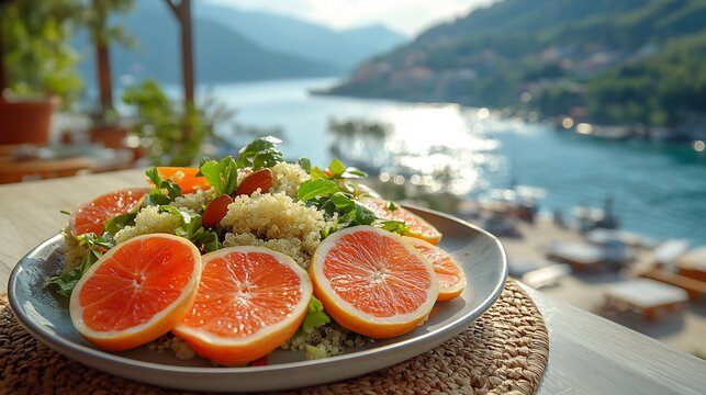 Bael fruit salad fresh greens quinoa almonds served sunlit patio overlooking peaceful lake serene water softly blurred background emphasizing a healthy and balanced diet Scientific name Aegle marmelos