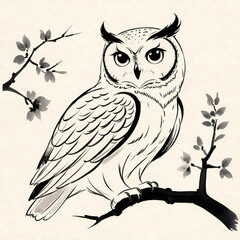 ふくろうの水墨画