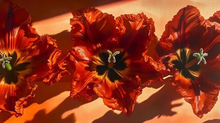 Fototapeta premium Close-up of three red parrot tulips with black and yellow markings on a peach-colored background.