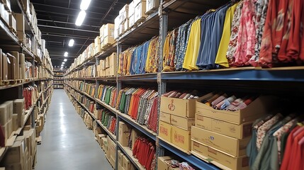 Fototapeta premium Warehouse interior with metal shelves filled with colorful textile and cardboard boxes