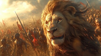 Obraz premium Lion King Majestic Lion with Army in the Background