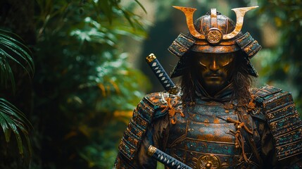 Samurai Warrior in Traditional Armor and Helmet with Sword