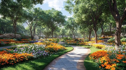 Obraz premium Stone Path Winding Through a Lush Flower Garden