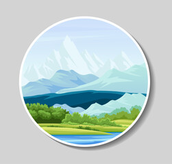 Fototapeta premium Emblem with mountains. Beautiful natural panorama and landscape. Lake near forest. Wildlife reserve. Travel and trip. Patch and logo. Flat vector illustration