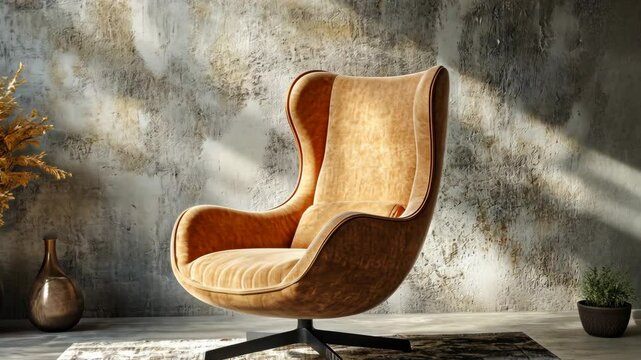 A brown leather chair sits in front of a textured wall with sunlight streaming in