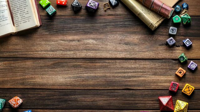 Colorful dice are scattered around a book on a wooden table, ready for a game