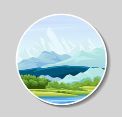 Fototapeta premium Emblem with mountains. Beautiful natural panorama and landscape. Lake near forest. Wildlife reserve. Travel and trip. Poster or banner. Flat vector illustration