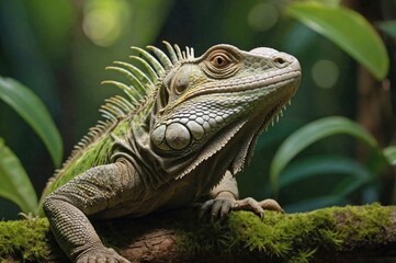 Fototapeta premium Iguana Basking on a Sunlit Tree Branch in the Rainforest Canopy