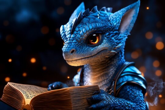 A mystical creature teaching children how to read ancient texts, promoting literacy in a fantasy world reading campaign