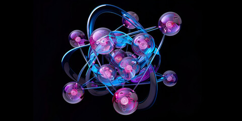 3D Atomic Structure Illustration with Glowing Particles, Scientific Depiction of Atom and Subatomic Particles