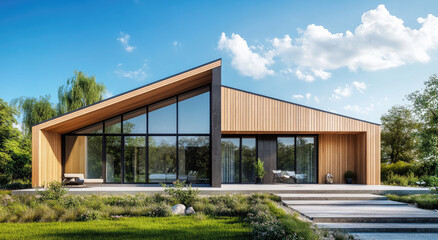 Fototapeta premium A modern black house with wooden accents. In front of the home is an open-air patio area surrounded by green grass and a blue sky.