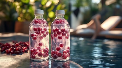 Bilberryinfused water served ecofriendly glass bottle luxury beach resort sun lounger tropical plant fitness gear softly blurred behind creating refreshing healthconscious environment Scientific name