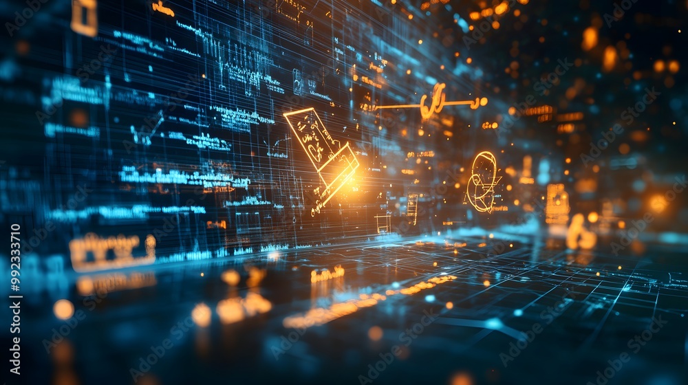 Poster abstract digital interface with glowing lines and data patterns