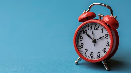 Red Alarm Clock on Blue Background, Time Management Concept. Design Element, Copy Space for Text.
