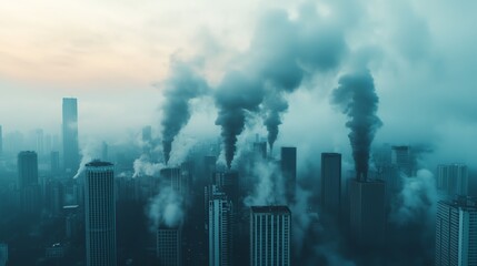 Smoke from factories merging into clouds above a busy city, illustrating the environmental impact of industrialization