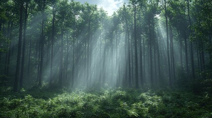 Fototapeta premium Sunbeams Through Foggy Forest Green Trees Lush Undergrowth Natural Light Woodland Scene