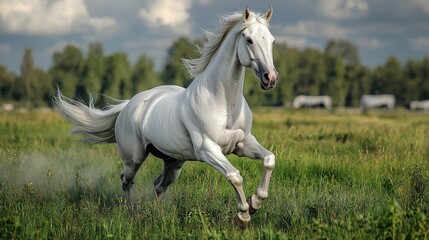 White Horse Running Through Grass Field with Cloudy Sky