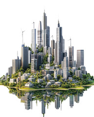 Obraz premium Futuristic city skyline with greenery, white isolated background.