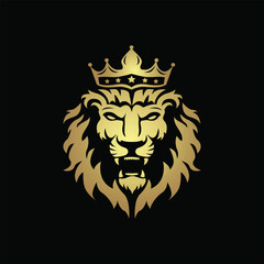 Lion head logo. Golden crown badge symbol. The king animal sign. Vector illustration.