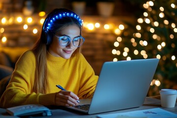 A person taking an online course on entrepreneurship, studying in the evening to develop new skills and start a business
