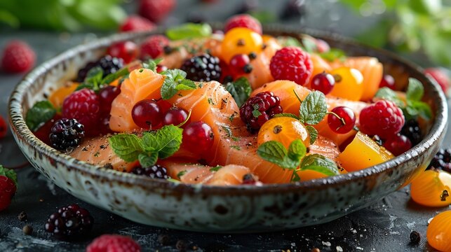 Blackcurrant fruit salad grilled salmon fresh herbs served ceramic bowl a rooftop caf with the sunset softly blurred in the background promoting a balanced nutritious meal Scientific name Ribes nigrum