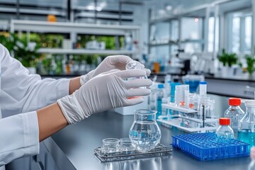 A person using safety gloves while handling chemicals, showing adherence to safety protocols in a laboratory
