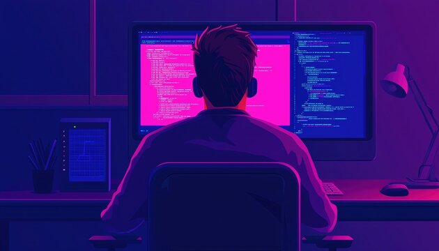 Full-stack developer working on cloud integration, coding in the background, modern software development process